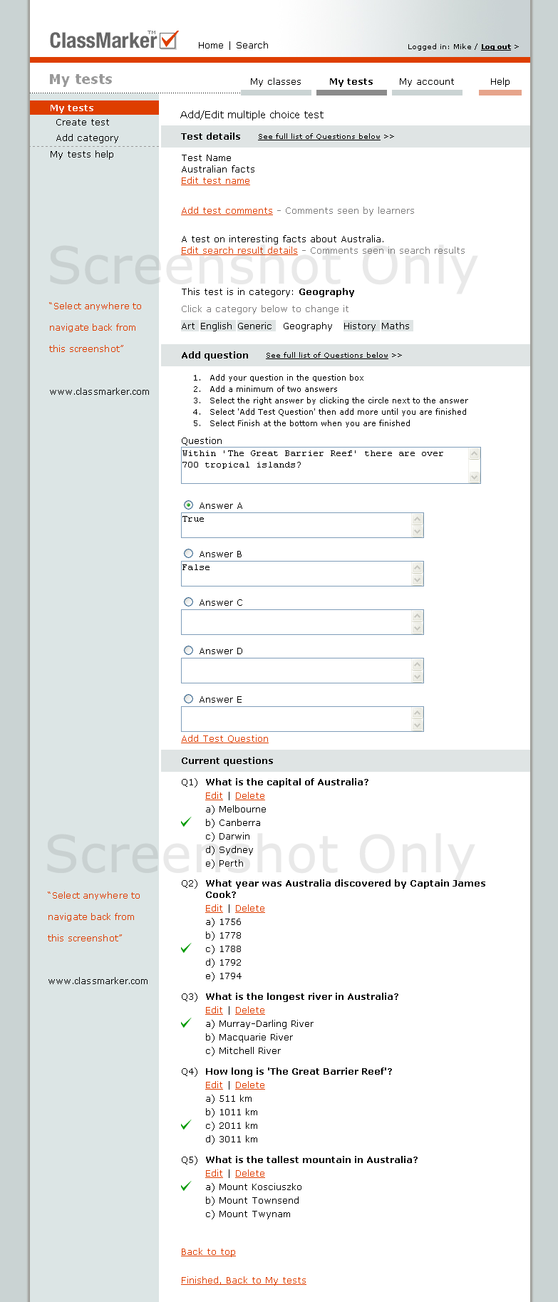 Screenshot of 'Adding a test' page layout. Click anywhere to go back