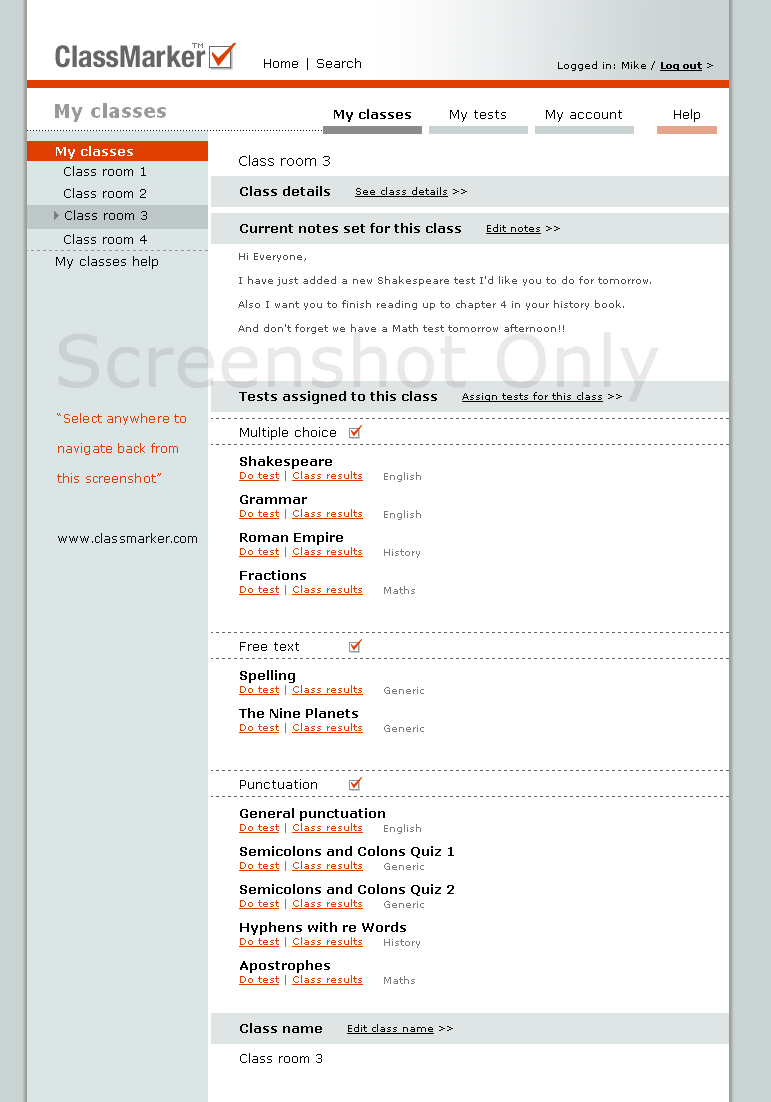 Screenshot of 'My Classes' page layout. Click anywhere to go back