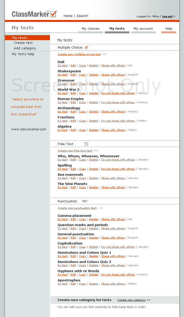 Screenshot of 'My Tests' page layout. Click anywhere to go back