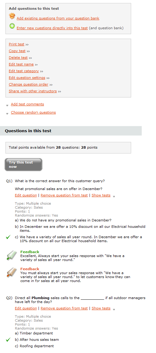 Setting up an online test
