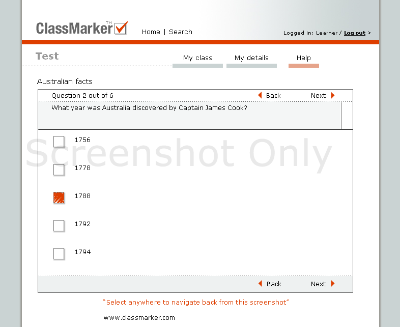 Screenshot of 'Taking a test' page layout. Click anywhere to go back