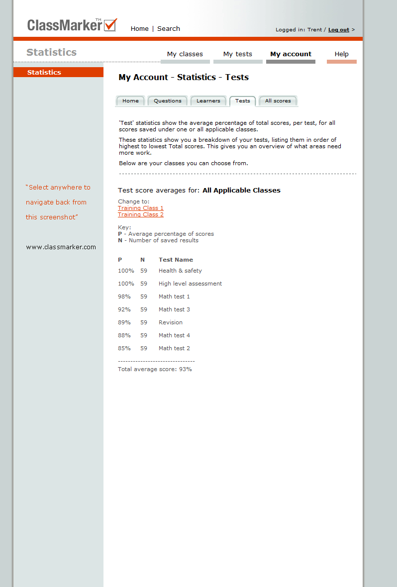 Screenshot of 'Tests Statistics' Click anywhere to go back